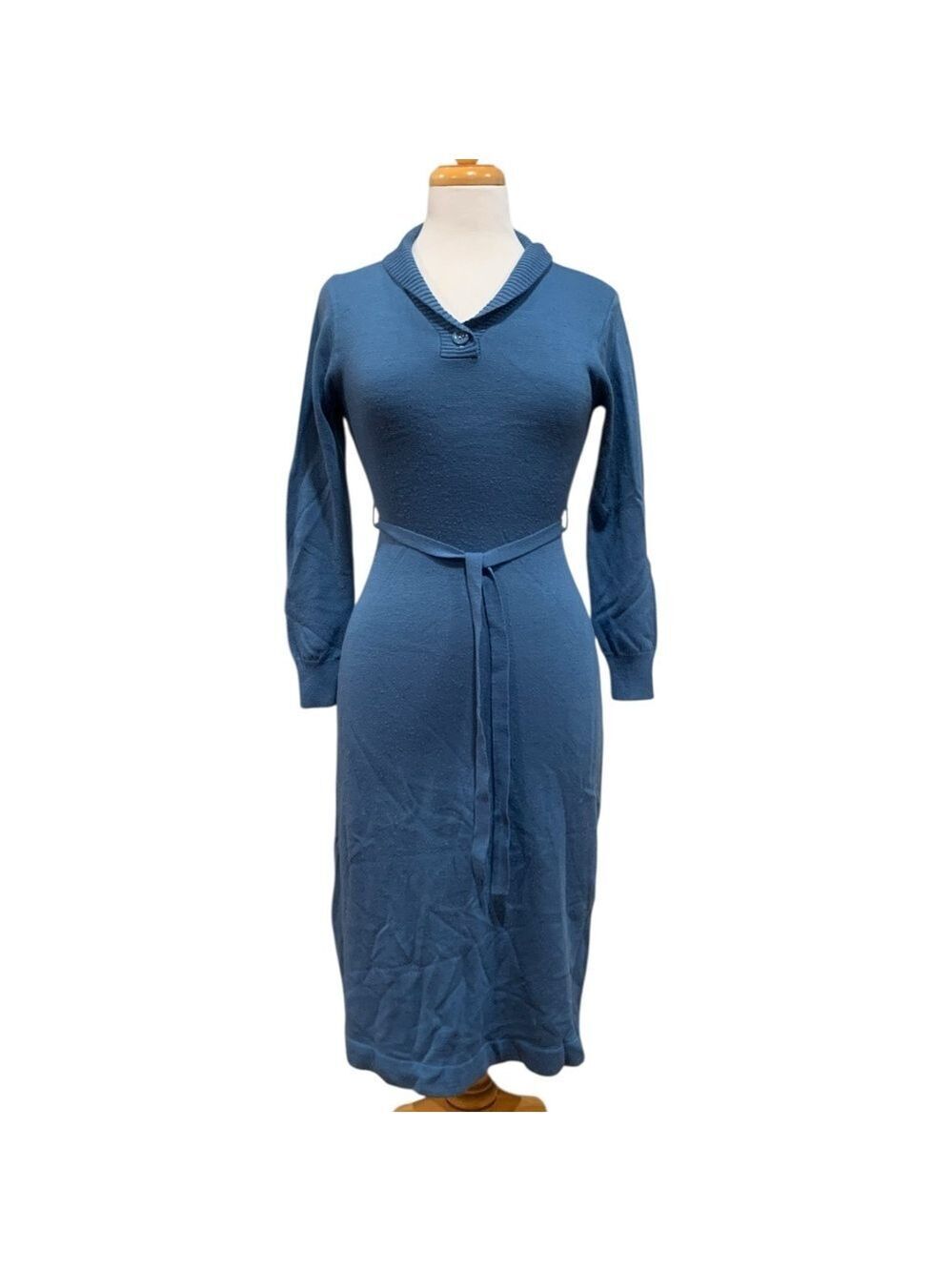 Vntg late 70’s blue long sleeved cowl neck midi dress w/belt sz Xs/S